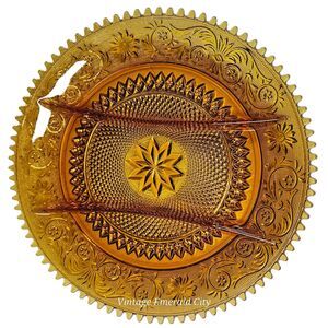 Vtg Amber Indiana Glass Divided Platter Scalloped Edge Sandwich Relish Tray